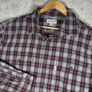 Carhartt Men's XL Flannel LS Grey Red Black Plaid Pockets Button Work Shirt‎